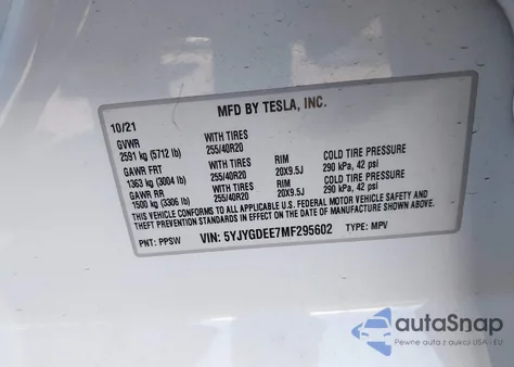 2021 Tesla Model Y из США, поврежденный, VIN 5YJYGDEE7MF295602